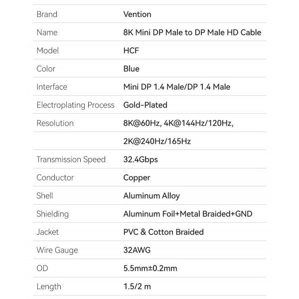 Кабель miniDisplayPort-DisplayPort 1.4 Vention 8K 60Hz 4K 144Hz 2K 165Hz 1080P 240Hz 2m Cotton Braided Aluminum Alloy Blue (HCFLH) HCFLG фото