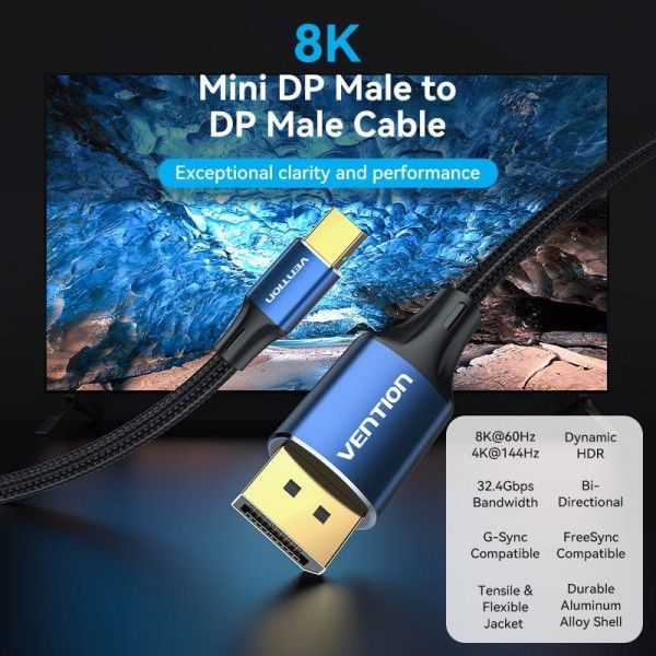 Кабель miniDisplayPort-DisplayPort 1.4 Vention 8K 60Hz 4K 144Hz 2K 165Hz 1080P 240Hz 2m Cotton Braided Aluminum Alloy Blue (HCFLH) HCFLG фото