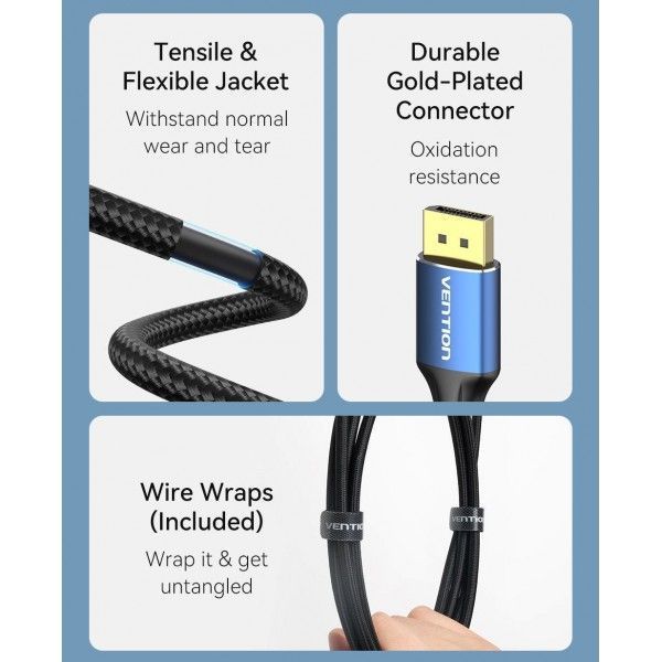 Кабель miniDisplayPort-DisplayPort 1.4 Vention 8K 60Hz 4K 144Hz 2K 165Hz 1080P 240Hz 2m Cotton Braided Aluminum Alloy Blue (HCFLH) HCFLH фото