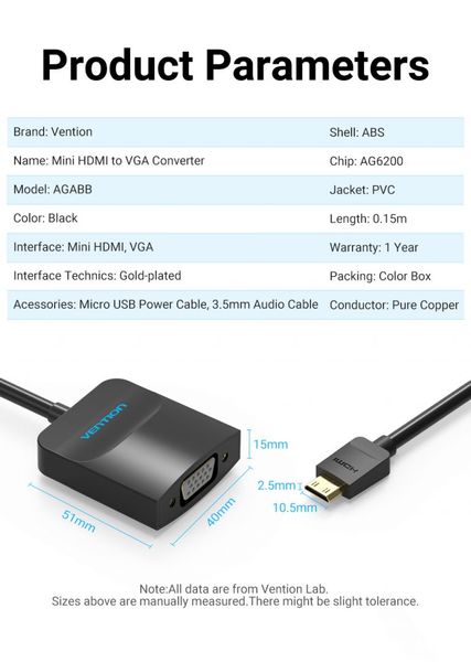 Адаптер MiniHDMI-VGA v.1.4 Vention 1080P 60Hz 0.15m 3.5 audio microusb power Black (AGABB) AGABB фото