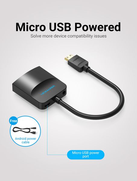 Адаптер MiniHDMI-VGA v.1.4 Vention 1080P 60Hz 0.15m 3.5 audio microusb power Black (AGABB) AGABB фото