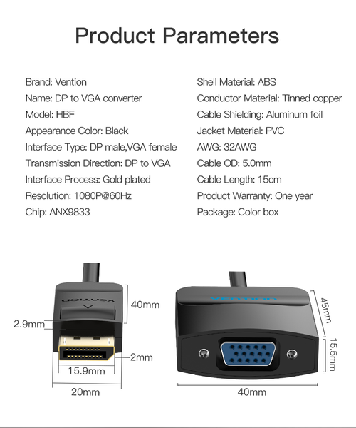 Адаптер DisplayPort-VGA v.1.2 Vention 1080P 60Hz gold-plated 0.15m Black (HBFBB) HBFBB фото