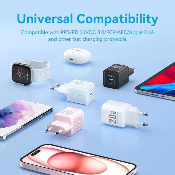 Зарядний пристрій Vention 1xUSB-C 20W GaN + USB-C cable М-М TZ-FEPB0-EU-01 фото