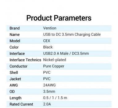 Кабель USB-DC3.5mm Vention PVC 5V 2A CEXBD фото