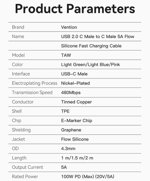 Кабель Type-C-Type-C Vention TPU PD 100W QC 4.0 5A 480мbps TAWGF фото