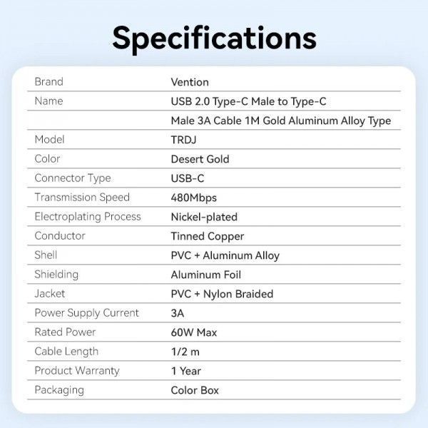Кабель Vention USB Type-C - USB Type-C (M/M) 60W 3A 2 м TRDJH фото